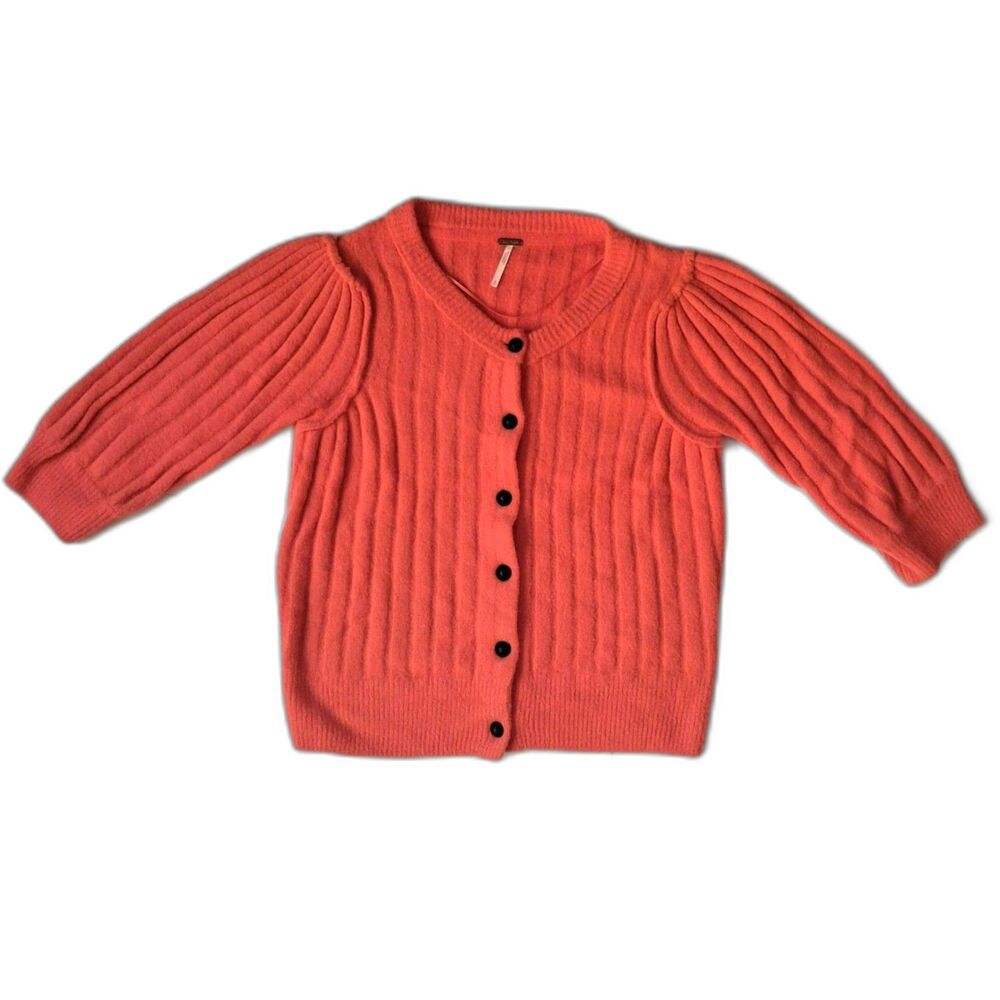 Free People Sloane Cardigan Coral Orange Ribbed Knit Puff Sleeve S Cottagecore